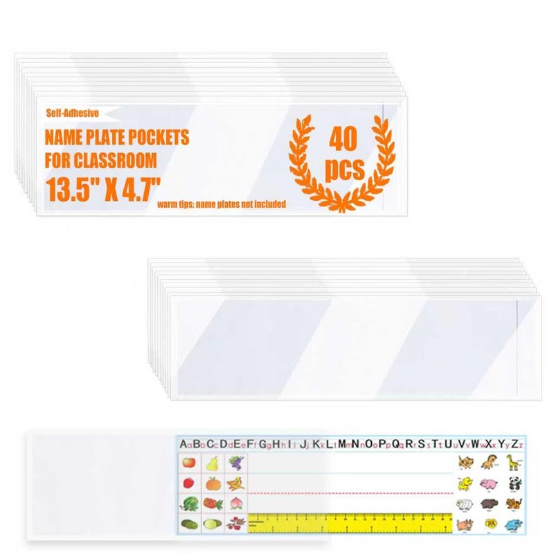 Jolbndcv 40 PCS Nameplate Pocket,13.5 x 4.7 Inch Adhesive Desk Nameplates Name Tag Pocket Clear Desk Name Tag Sleeves for Classroom (Thickness:7 mils) - Image 1